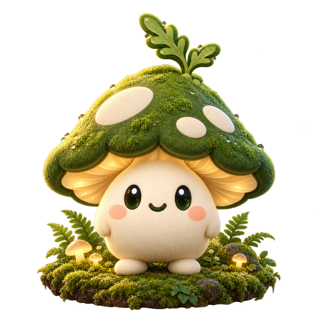 MOSSY with a soft moss cap and glowing gills, standing on a fern-covered woodland patch